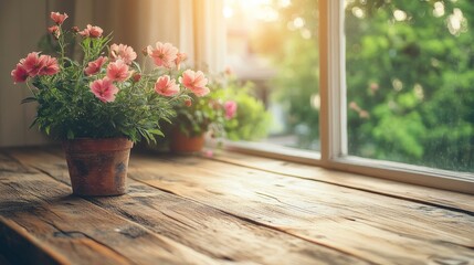 A rustic wooden table with flowers in a bright, inviting space, symbolizing coziness and natural aesthetics.