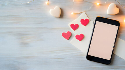 A creative layout with heart-shaped embellishments, a blank smartphone screen, and string lights on a rustic wooden surface. Good for digital ads, social media, or romantic branding. Selective focus