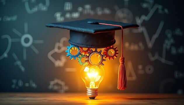 Illuminating Minds: Graduation Cap, Gears, and a Bright Lightbulb Symbolizing Education and Innovation
