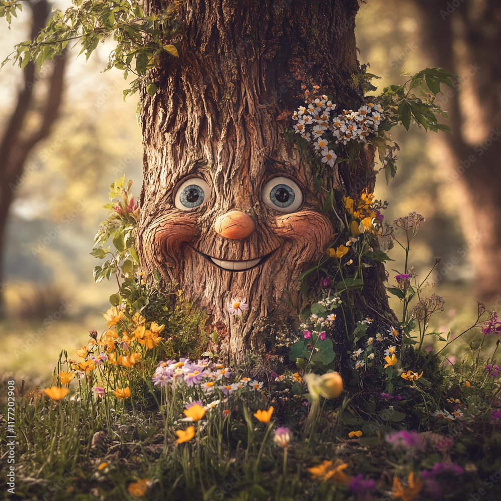 Poster smiling tree face surrounded by colorful wildflowers in a sunny meadow