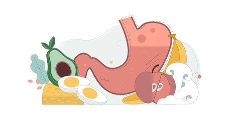 Concept proper nutrition. Healthy eating behavior. Happy stomach. Vector illustration.