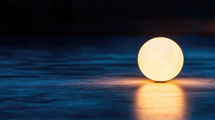 Glowing round object on reflective blue surface in dark atmosphere