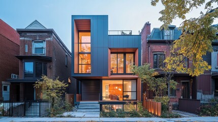 Fototapeta premium Series of modern row houses in a vibrant urban renewal area, showcasing contemporary architecture and revitalized community spaces.