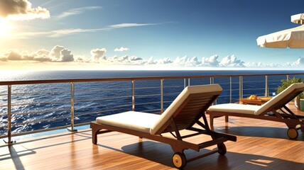 Fototapeta premium A stunning balcony with luxury lounge chairs overlooking a vast ocean view, bathed in golden sunlight, perfect for relaxation and enjoying nature
