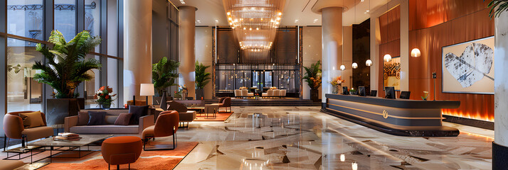 Luxurious Hotel Lobby with Modern Design, Elegant Furniture, and Welcoming Ambiance for Relaxation and Comfort