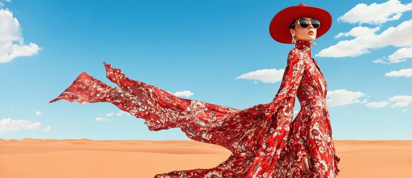 A stylish model wearing a flowing red dress and wide-brimmed hat poses against a bright blue sky in a desert setting.