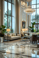 Luxurious Hotel Lobby with Modern Design, Elegant Furniture, and Welcoming Ambiance for Relaxation and Comfort