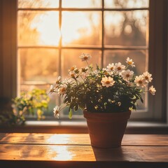 Fototapeta premium A rustic wooden table with flowers in a bright, inviting space, symbolizing coziness and natural aesthetics.