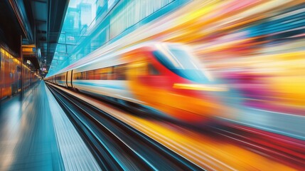 Modern high-speed train departing from the station platform, showcasing a motion blur effect that creates vibrant, colorful stripes and conveys a sense of dynamic energy and speed