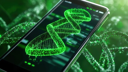 A smartphone displays a glowing green DNA helix, symbolizing the intersection of technology and genetics.