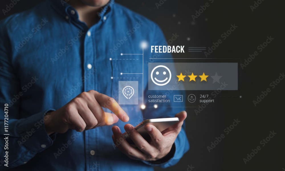 Poster Engaging Customer Satisfaction Survey Concept with Visual Elements Representing Feedback Mechanisms and User Emotions for Business Growth Strategies