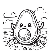 Coloring book cute avocado in the beach nature 