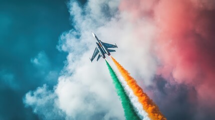 Tricolor Smoke Coming Out from Fighter Plane at Sky for India Republic Day and Independence Day.