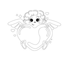 Little cute outline Cupid holds a heart in his hands. Concept love. Sticker love, cupid, passion. I give you my heart
