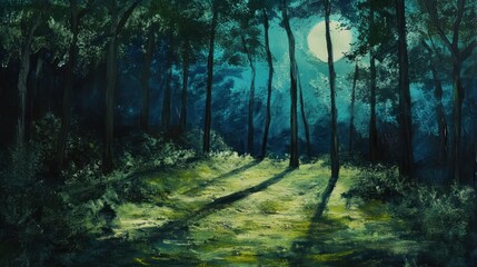 Obraz premium Moonlight Forest Path: An Enchanting Night in the Woods
