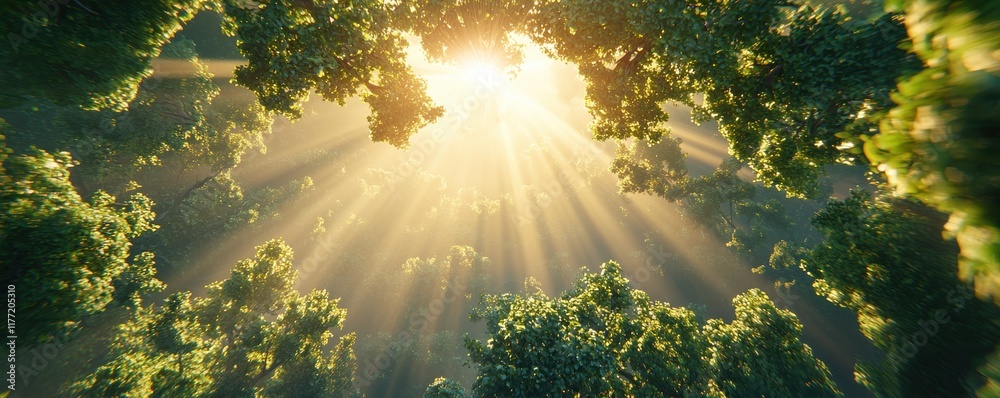 Poster sunlight filters through lush trees, creating a serene atmosphere in a vibrant forest. a peaceful es