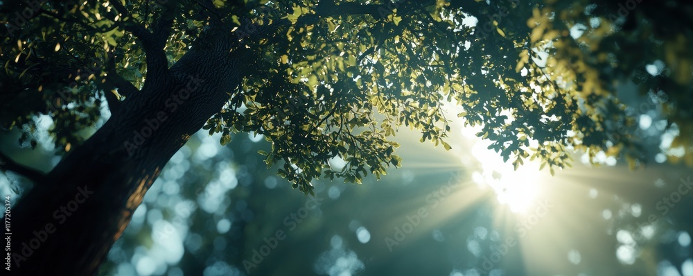 Poster A serene view of sunlight filtering through lush green leaves, creating a tranquil atmosphere in a forest setting.