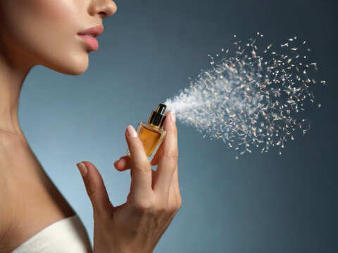 Hermosa mujer aplicando perfume con una botella de spray. Part&iacute;culas en el aire
