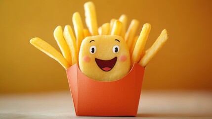 A carton of smiling french fries with expressive eyes, arms wide open, radiating cuteness.