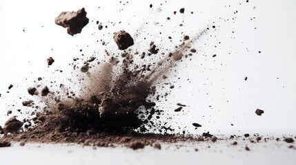A chaotic burst of dirt fragments, isolated on a white surface, exuding action and intensity.