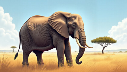Naklejka premium Majestic elephant standing under bright skies in savannah, nature's beauty