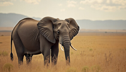 Obraz premium Majestic elephant standing in golden grassland under serene sky, wildlife