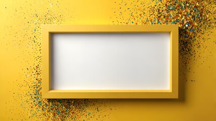 A vibrant yellow wall with a blank frame and colorful confetti scattered around, creating an energetic and playful atmosphere, perfect for celebratory displays.