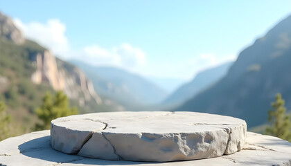 stone podium with natural mountain background