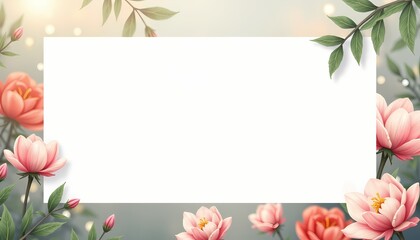 Obraz premium Vibrant floral border with peonies and green leaves.