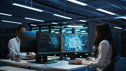 Technicians coworkers using AI tech on computer to do checkup in server room. Teamworking colleagues in data center using artificial intelligence technology to process datasets for training, camera B