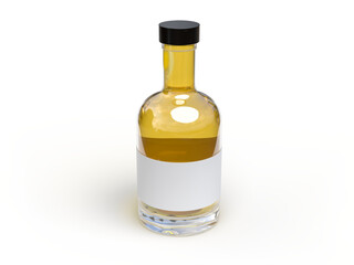 Realistic 3D glass bottle mockup, isolated with blank label, lid and liquid within. Mockups container for alcohol drink, water, liquid product, shampoo, beer, soda, vegetable oils or juice glassware