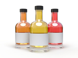 Realistic 3D glass bottle mockup, isolated with blank label, lid and liquid within. Mockups container for alcohol drink, water, liquid product, shampoo, beer, soda, vegetable oils or juice glassware