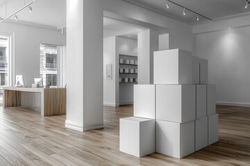 Fototapeta premium White cubes stacked in a bright gallery space with a reception desk, shelves, and city view