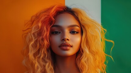 Fototapeta premium Blonde Woman Against India Flag Background for Happy Republic Day and Independence Day Photo. Fictional Character Created By Generative AI 
