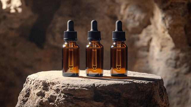 Three Amber Glass Bottles with Black Stoppers on Stone Platform with Cave Lighting