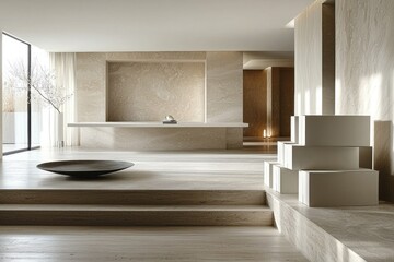 Minimalist hotel lobby with reception desk, boxes, bowl, and outdoor view