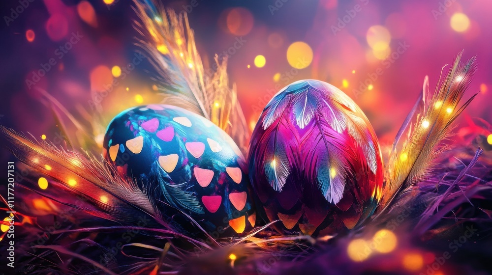 Wall mural Colorful painted easter eggs with feathers and lights