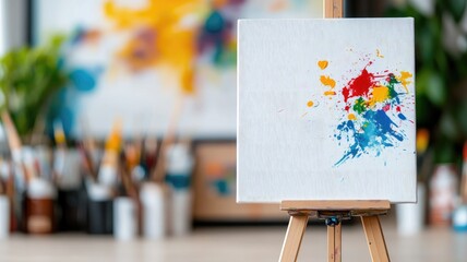 Colorful abstract painting on canvas standing easel in art studio