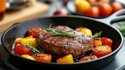 Juicy Steak with Colorful Vegetables in Cast Iron Skillet