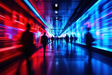 Fototapeta premium Futuristic corridor with vibrant blue and red lights, blurred silhouettes of people walking, modern design, dynamic motion, concept of technology. Ai generative