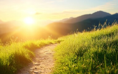 Fototapeta premium A sunlit path through lush grasslands, leading towards distant mountains under a clear sky, evoking a sense of peace and tranquility in nature.