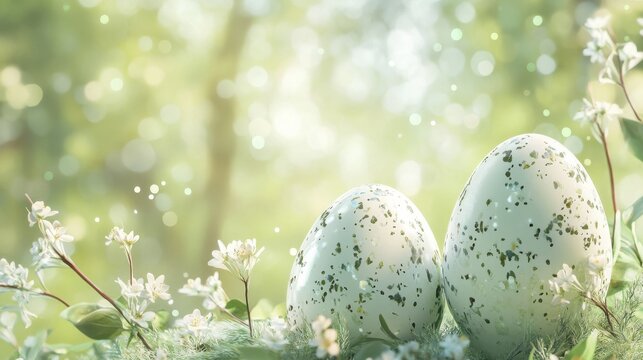 easter background - easer eggs with flowers as decoration against green bokeh background