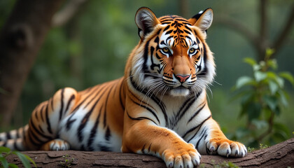 Obraz premium Majestic tiger lounging on tree branch in lush forest, wildlife beauty