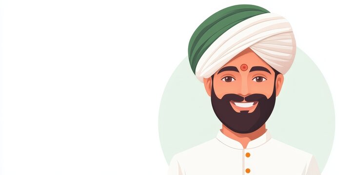 Indian Man Portrait in White Kurta and Turban (Pagdi). 
