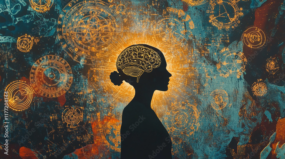 Poster Silhouette of a woman with illuminated brain and intricate cosmic patterns