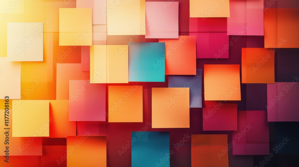 Poster a vibrant collage of colorful square papers arranged in a dynamic pattern, showcasing shades of oran
