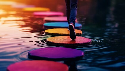 A person walks across colorful stepping stones in a serene body of water, creating a vibrant and tranquil scene.