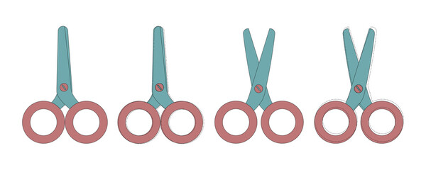 Set of blue and pink scissors. Scissors open and closed. Sewing decor, elements