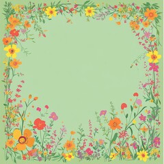 Obraz premium Soft pastel green canvas bordered with bright spring flowers, creating a cheerful design for special occasions. Flat