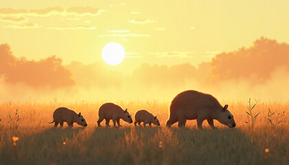 Capybara family grazing at sunrise in misty meadow, serene nature